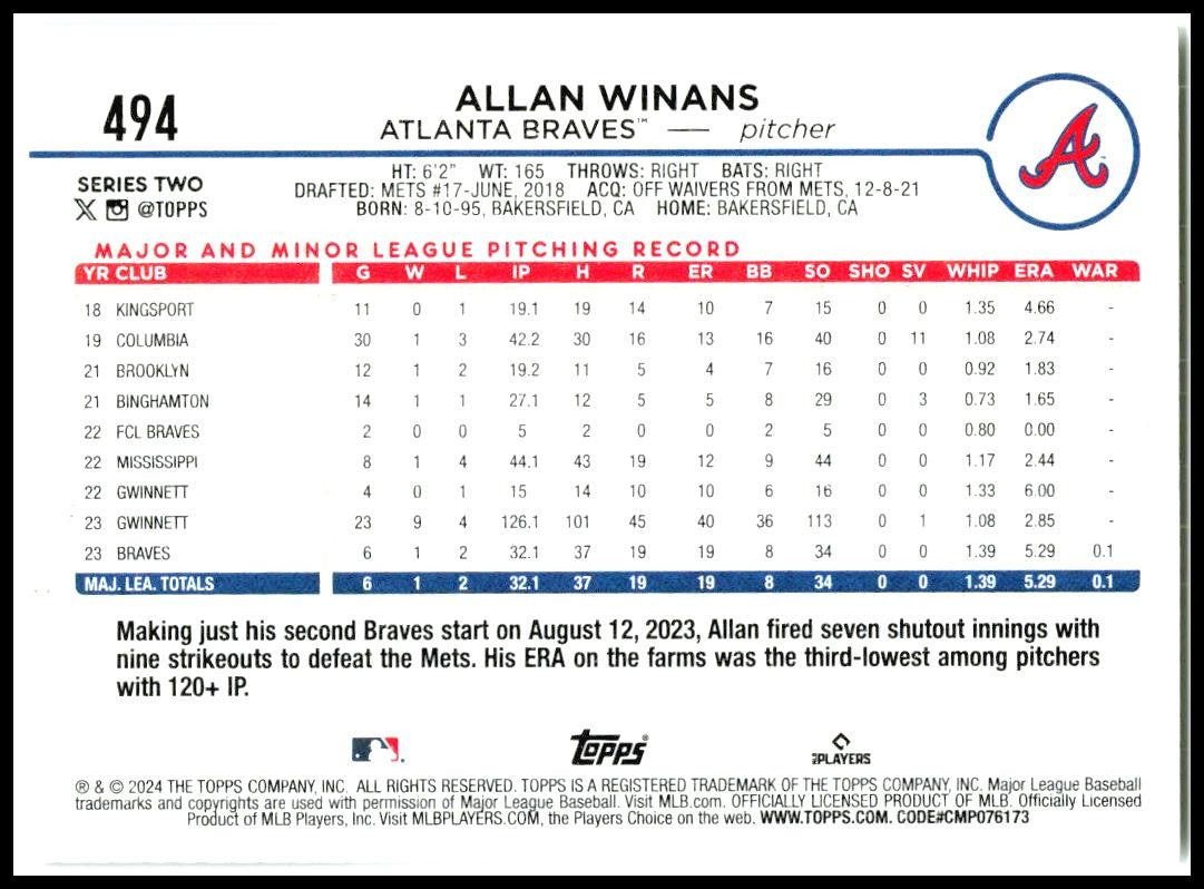 2025 Topps #494 Allan Winans Braves