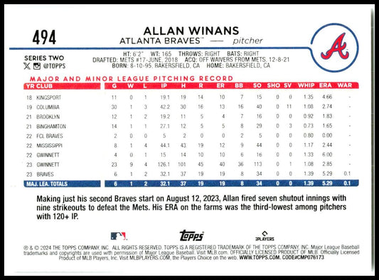 2025 Topps #494 Allan Winans Braves