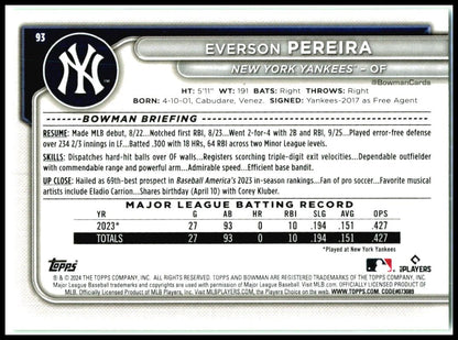 2024 Bowman Neon Green #93 Everson Pereira #/399 New York Yankees
