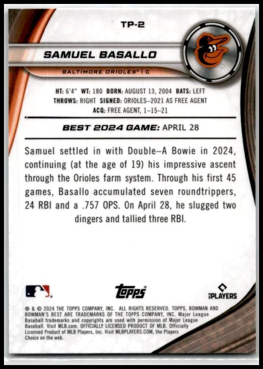 2024 Bowman's Best Prospects #TP-2 Samuel Basallo Baltimore Orioles