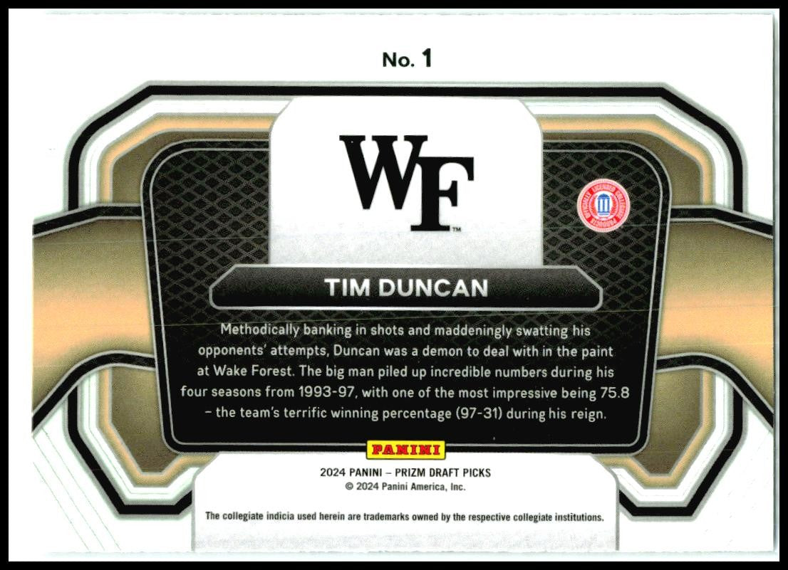 2024 Prizm Draft Picks Campus Legends #1 Tim Duncan Wake Forest Demon Deacons