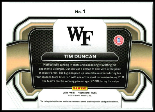 2024 Prizm Draft Picks Campus Legends #1 Tim Duncan Wake Forest Demon Deacons
