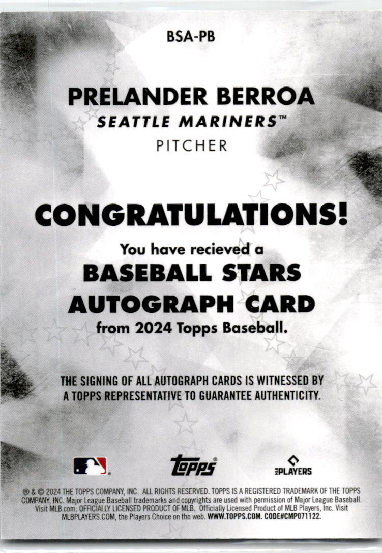 2024 Topps Baseball Stars  #BSA-PB Prelander Berroa Auto Seattle Mariners