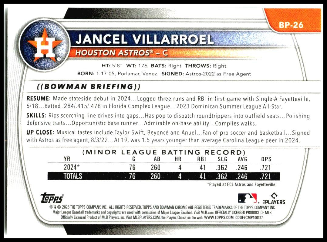 2025 Bowman Prospects #BP-26 Jancel Villarroel Houston Astros