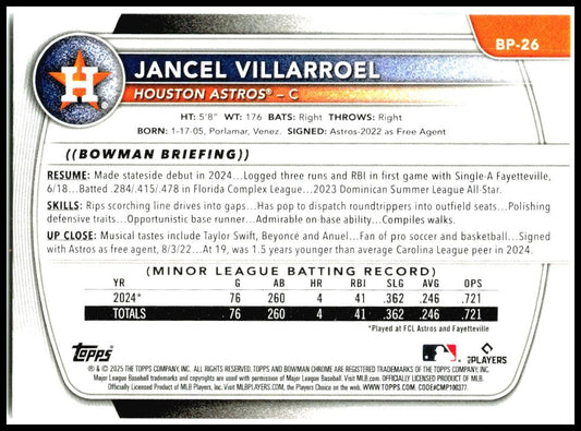 2025 Bowman Prospects #BP-26 Jancel Villarroel Houston Astros