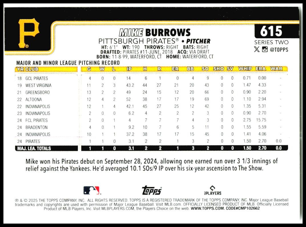 2025 Topps #615 Mike Burrows Rookie Pittsburgh Pirates