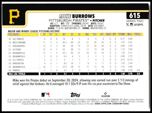 2025 Topps #615 Mike Burrows Rookie Pittsburgh Pirates