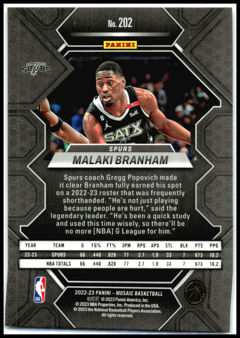 2022-23 Panini Mosaic #202 Malaki Branham Rookie San Antonio Spurs