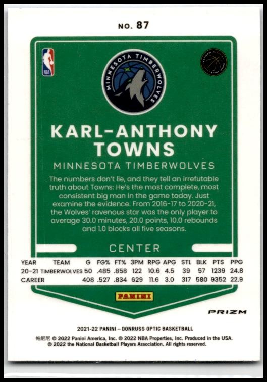 2021-22 Donruss Optic Blue Velocity #87 Karl-Anthony Towns Minnesota