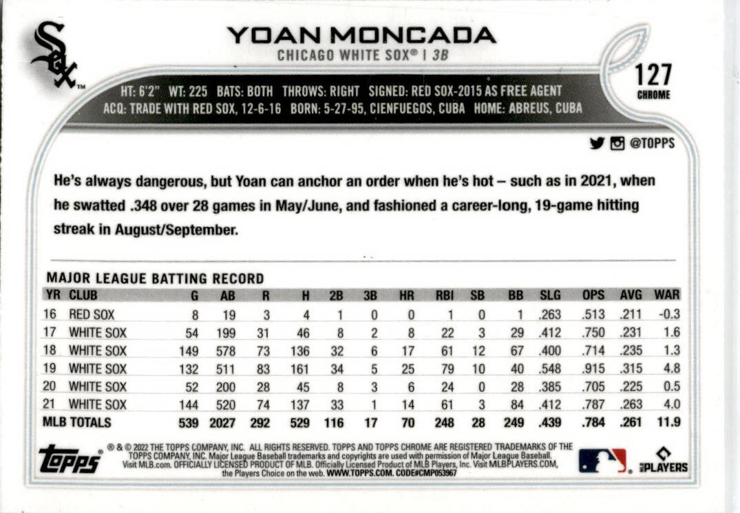 2022 Topps Chrome Sepia #127 Yoan Moncada Chicago White Sox