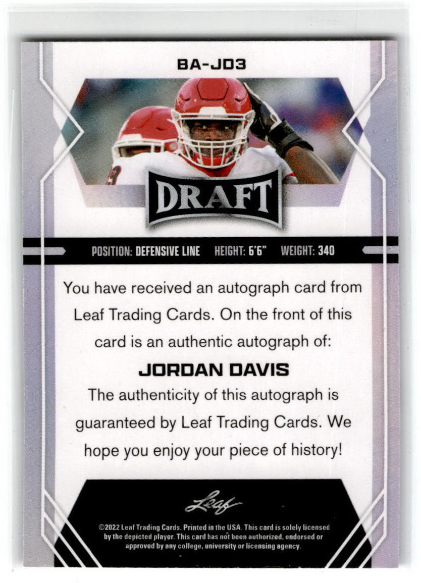 2022 Leaf Draft #BA-JD3 Jordan Davis Autograph Philadelphia Eagles / Bulldogs