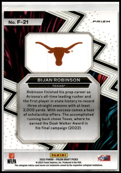 2023 Panini Prizm Draft Picks Fearless Gold Ice #F-21 Bijan Robinson Falcons