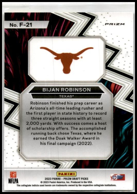 2023 Panini Prizm Draft Picks Fearless Gold Ice #F-21 Bijan Robinson Falcons