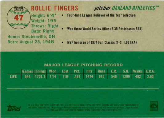 2023 Topps Chrome Platinum Anniversary Blue #47 Rollie Fingers Oakland Athletics