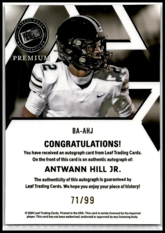 2024 Press Pass Premium Autographs #BA-AHJ Antwann Hill Jr. Auto Tigers