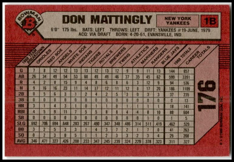 1989 Bowman #176 Don Mattingly New York Yankees