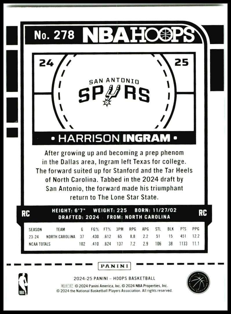 2024-25 Hoops #278 Harrison Ingram Rookie San Antonio Spurs