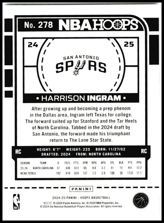 2024-25 Hoops #278 Harrison Ingram Rookie San Antonio Spurs