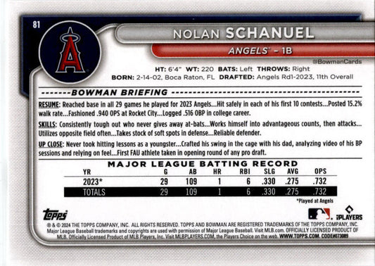 2024 Bowman #81 Nolan Schanuel Rookie Los Angeles Angels