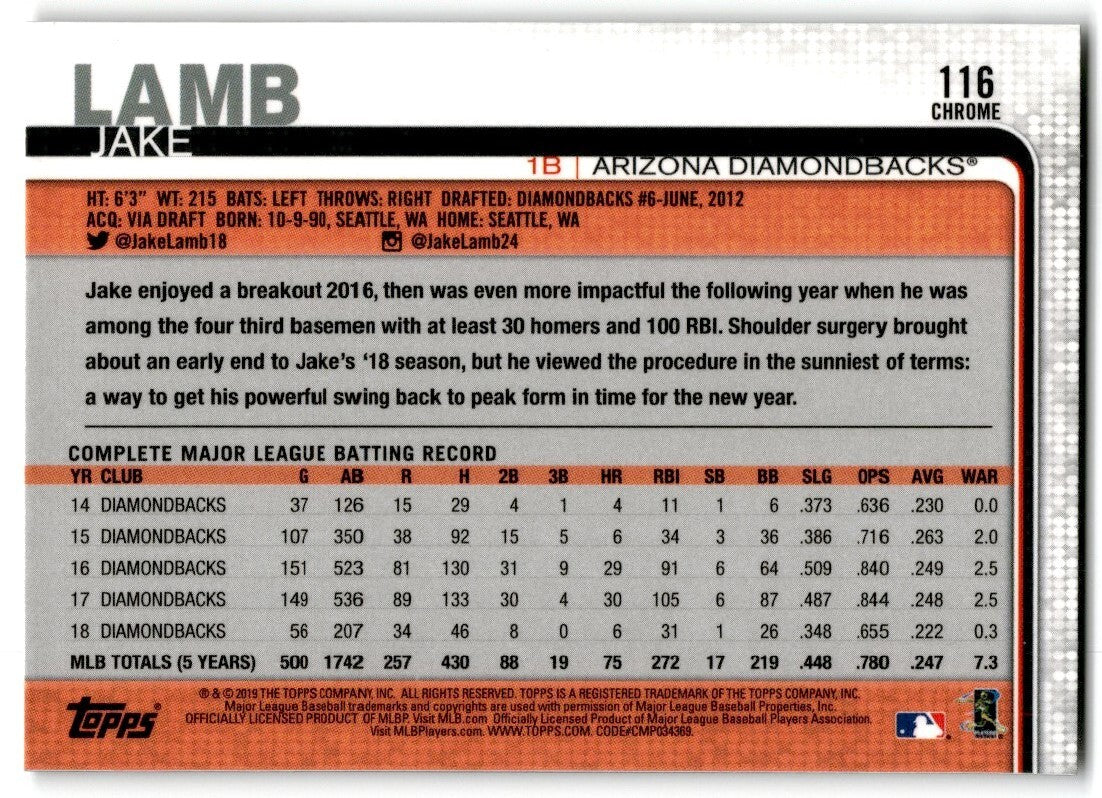 2019 Topps Chrome Sepia Refractor Arizona Diamondbacks Arizona Diamondbacks #116