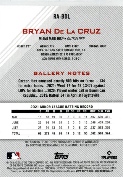 2022 Topps Gallery Rookies  #RA-BDL Bryan De La Cruz Auto Miami Marlins