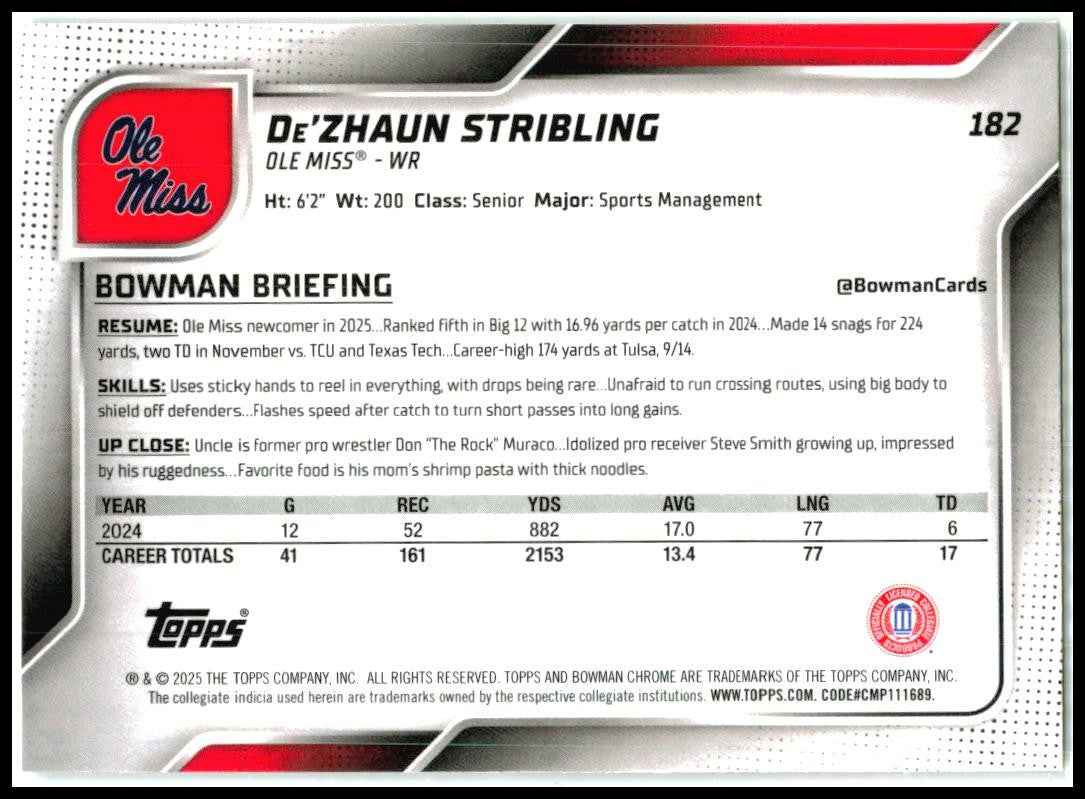 2025 Bowman Chrome University #182 De'Zhaun Stribling Ole Miss Rebels