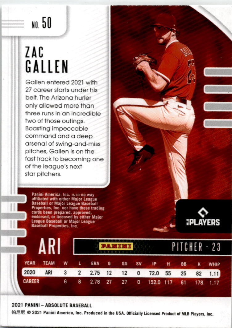 2021 Panini Absolute #50 Zac Gallen Arizona Diamondbacks