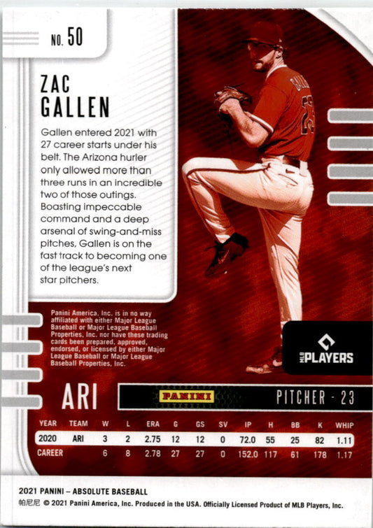 2021 Panini Absolute #50 Zac Gallen Arizona Diamondbacks