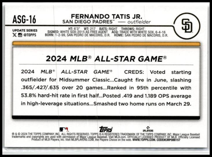 2024 Topps Chrome Update #ASGC-16 Fernando Tatis Jr. San Diego Padres