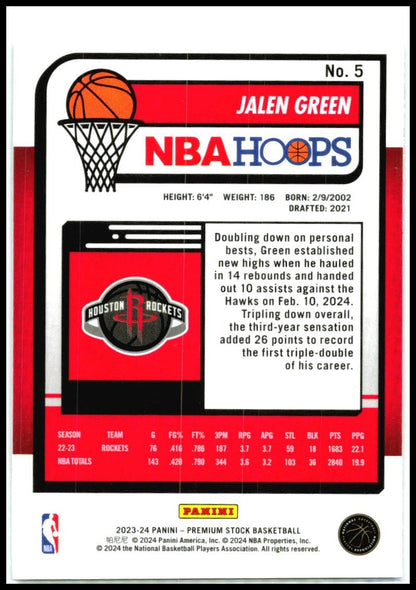 2023-24 Hoops Premium Stock #5 Jalen Green Houston Rockets