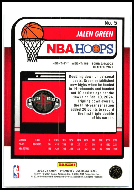 2023-24 Hoops Premium Stock #5 Jalen Green Houston Rockets