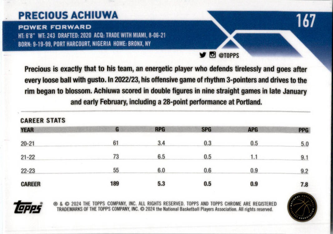 2023-24 Topps Chrome Basketball #167 Precious Achiuwa New York Knicks