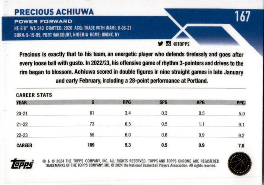 2023-24 Topps Chrome Basketball #167 Precious Achiuwa New York Knicks