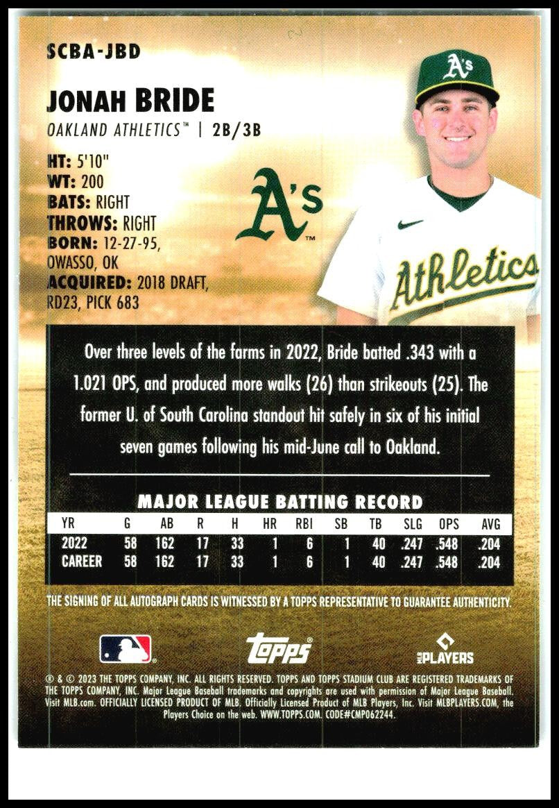 2023 Stadium Club Autographs #SCBA-JBD Jonah Bride Auto Oakland Athletics