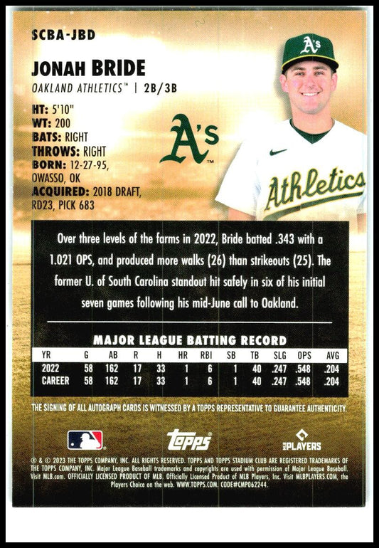2023 Stadium Club Autographs #SCBA-JBD Jonah Bride Auto Oakland Athletics