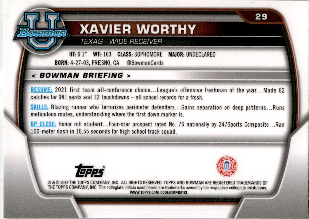 2022 Bowman Chrome University #29 Xavier Worthy  Texas Longhorns