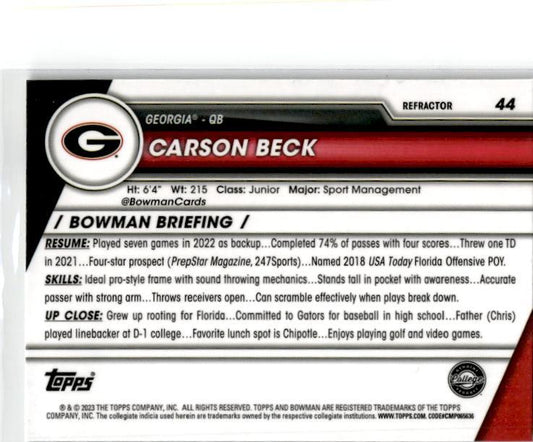 2023 Bowman University Chrome Refractor #44 Carson Beck Georgia Bulldogs