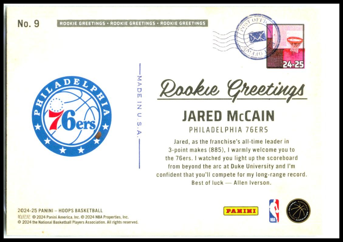 2024-25 Hoops Winter Rookie Greetings #9 Jared McCain Philadelphia 76ers