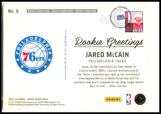 2024-25 Hoops Winter Rookie Greetings #9 Jared McCain Philadelphia 76ers