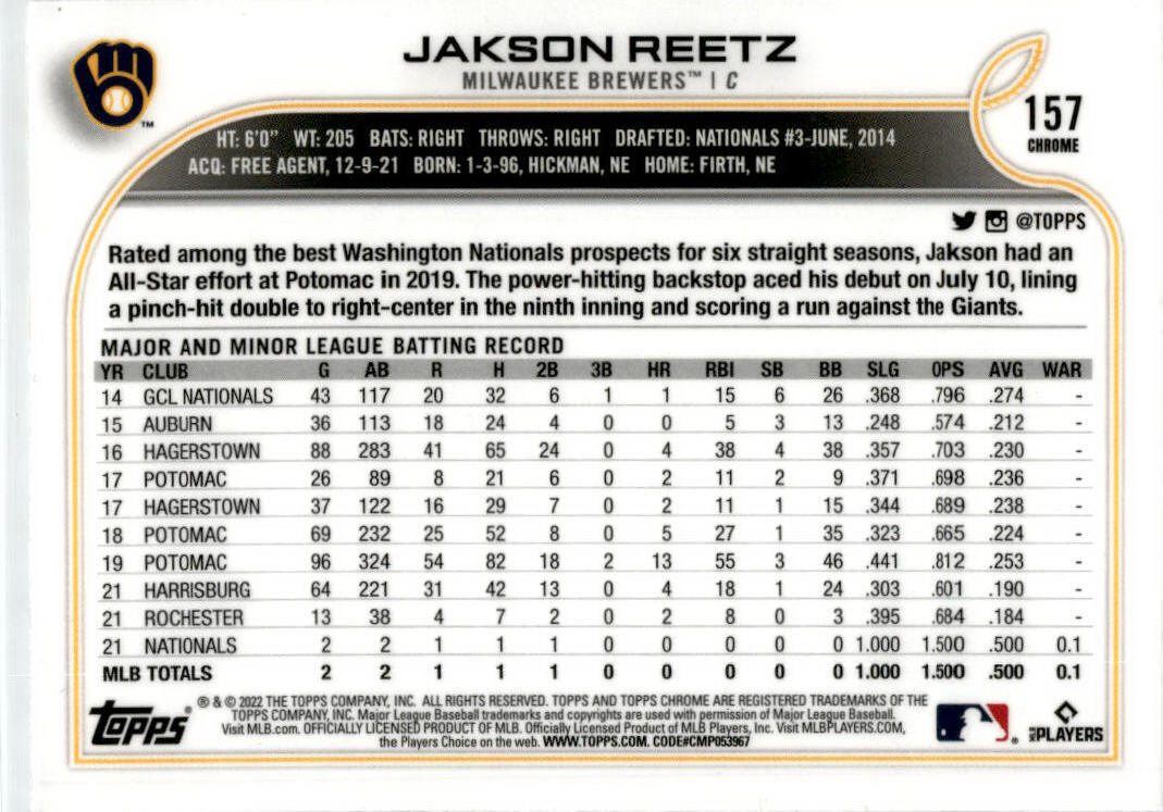 2022 Topps Chrome X-Fractor #157 Jakson Reetz Milwaukee Brewers
