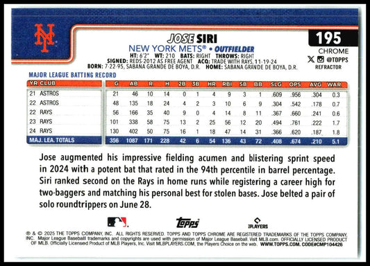 2025 Topps Chrome Refractors #195 Jose Siri New York Mets