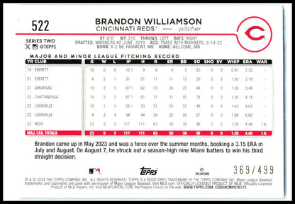 2024 Topps Green Crackle Foil #522 Brandon Williamson #/499 Cincinnati Reds