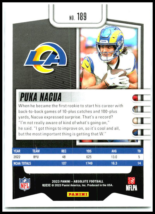 2023 Panini Absolute Signature Rookies #189 Puka Nacua Auto Los Angeles Rams