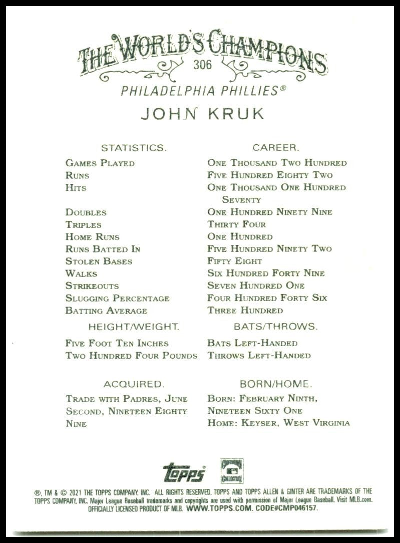 2021 Topps Allen & Ginter #306 John Kruk Philadelphia Phillies