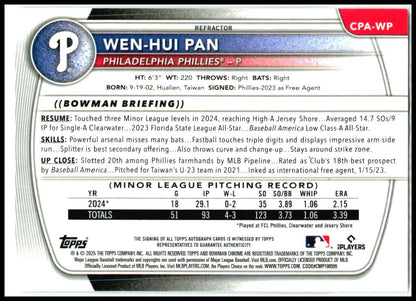 2025 Bowman Chrome Prospects Auto Refractor /499 #CPA-WP Wen-Hui Pan Auto