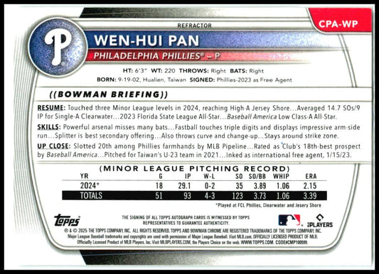 2025 Bowman Chrome Prospects Auto Refractor /499 #CPA-WP Wen-Hui Pan Auto