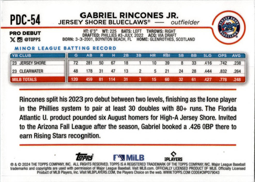 2024 Topps Chrome Pro Debut #PDC-54 Gabriel Rincones Jr Philadelphia Phillies
