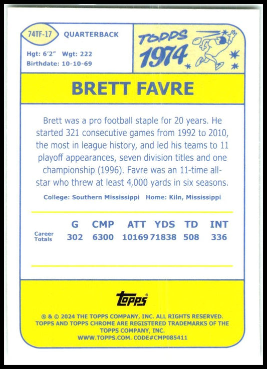 2024 Topps Chrome 1974 Topps Football #74TF-17 Brett Favre Green Bay Packers