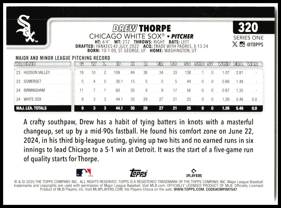 2025 Topps #320 Drew Thorpe Chicago White Sox