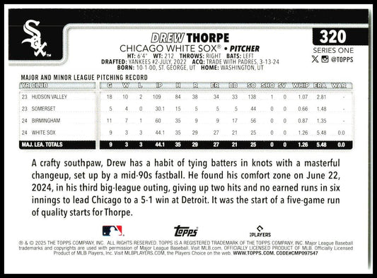 2025 Topps #320 Drew Thorpe Chicago White Sox